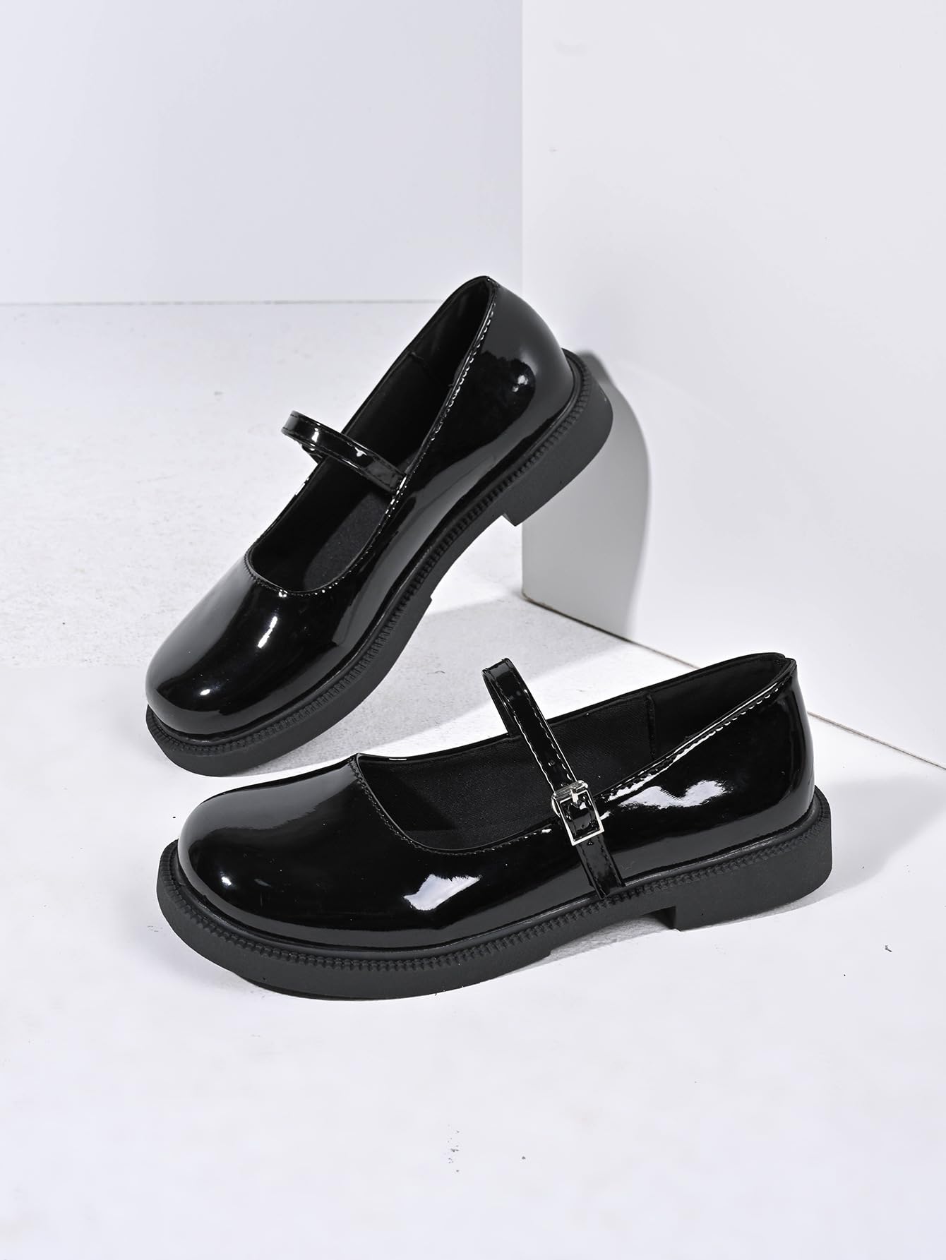 Mary Jane Chaussures de ballet orthopédiques confortables en cuir verni avec bout rond Noir