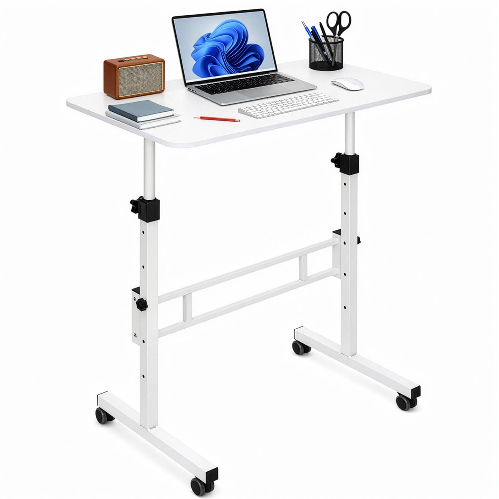 EVERGOODS Height Adjustable Standing Desk 80x40cm Mobile Small Desk Portable Home Office Computer Desks with Wheels Modern Simple Style Desks for Bedroom Living Room Office (White)