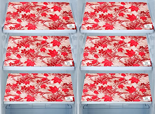 Image of Polyester 3-Layered Fridge Top Cover /Refrigerator Cover With Utility Pockets and Set of 6 Pc Fridge Mats (Color-Floral Red, Size- 39x21 Inch)