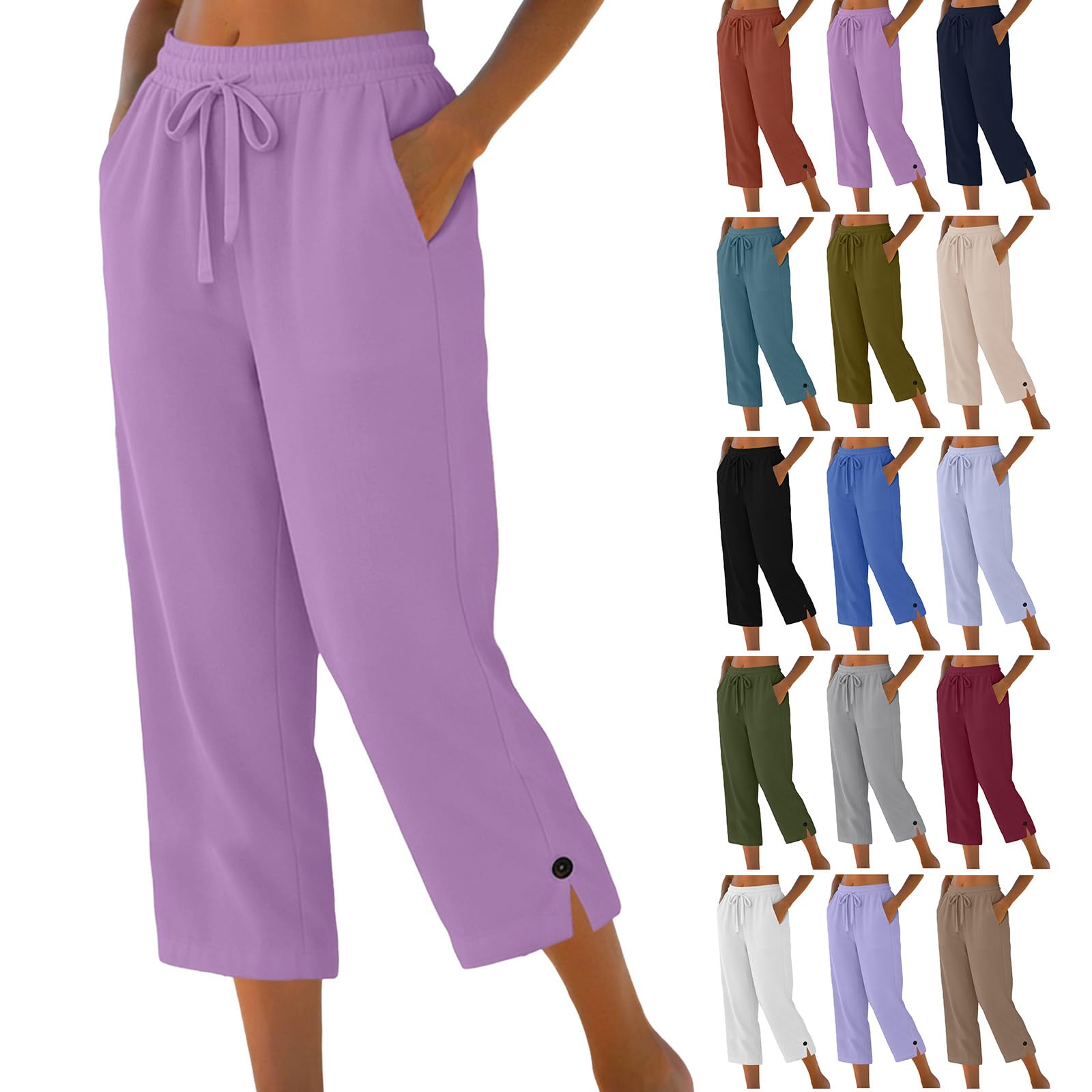 Pantacourt Femme Été Pantalon 3/4 en Coton et Lin Pantalon de Jogging Léger avec Poches Taille Élastique avec Cordon Bouton à la Cheville Pantalon de Sport Décontracté pour Yoga Randonnée