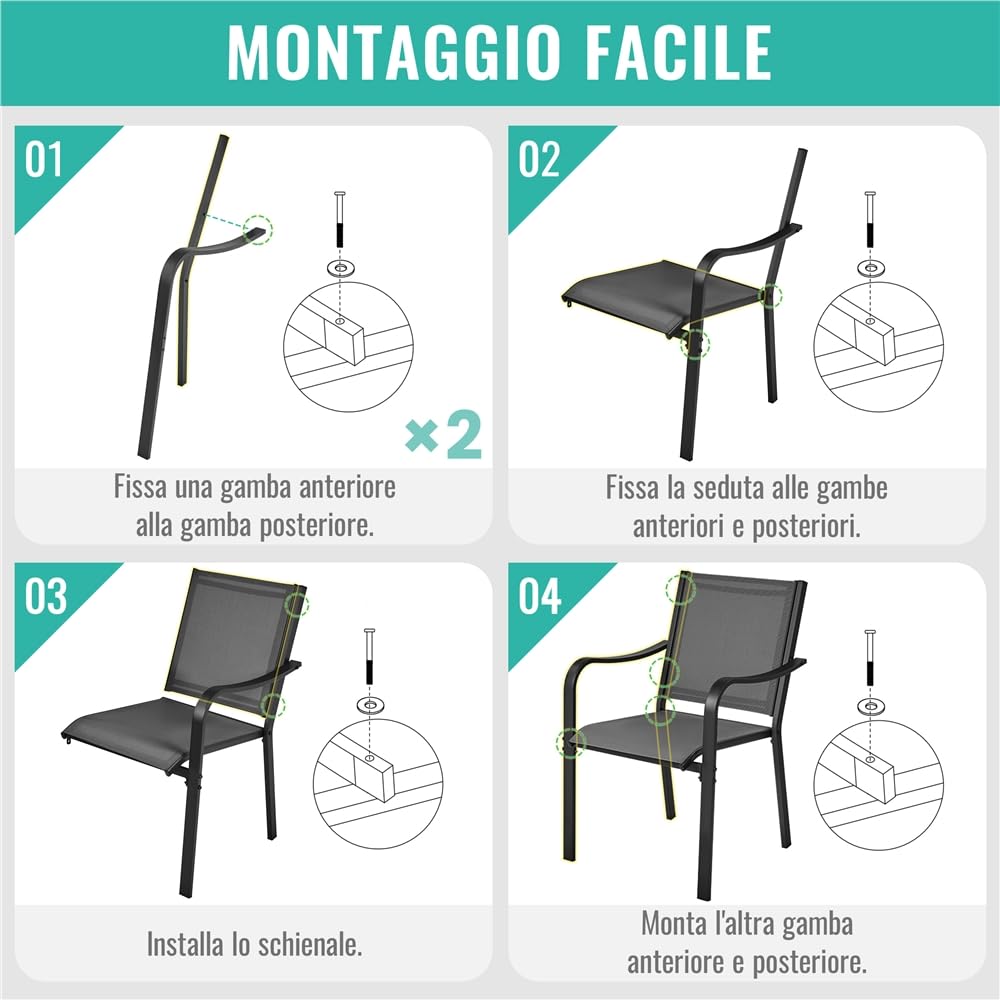 Yaheetech Set di Sedie da Esterno Impilabili con Schienale Braccioli Poltrona da Giardino in Tessuto Textilene per Terrazza Balcone Veranda Piscina Nero