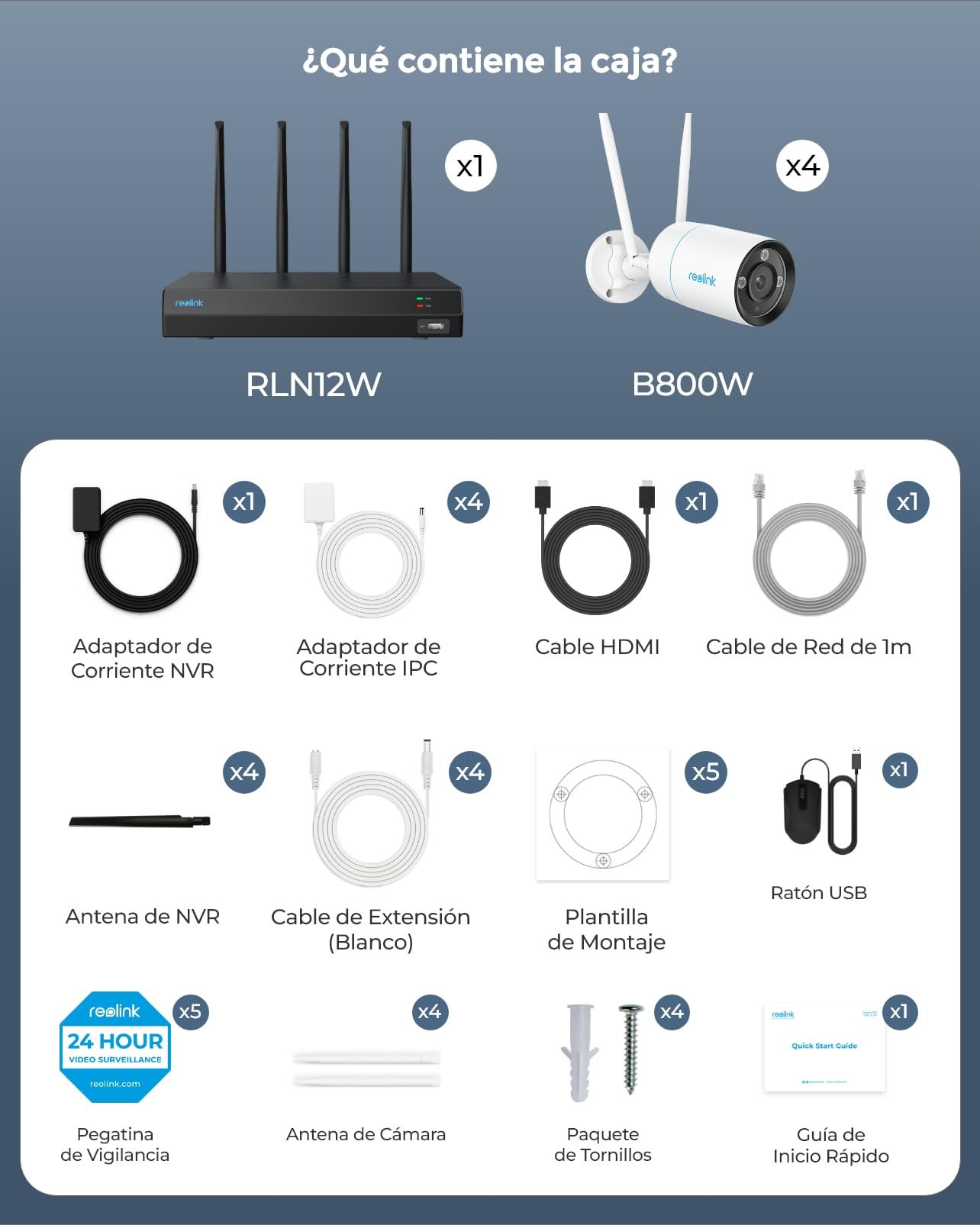Reolink 4k Kit Cámaras de Vigilancia Exterior WiFi, NVR WiFi 12CH con HDD 2TB, 4X Cámaras en 2,4/5 GHz, Detección de Persona/Vehículo/Pets, Visión Nocturna en Color, Audio de 2 Vías, Cuerpo de Metal.