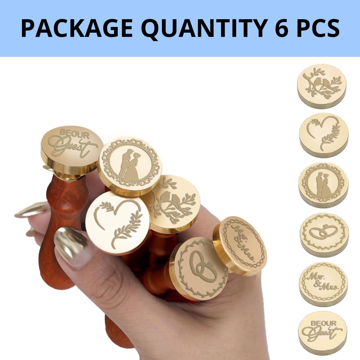 Pack of 6 Wedding Wax Seal Stamp – 6PCS Wedding Theme Wax Stamp Seal Heads and 1PCS Wooden Hilt for Invitations Prints Kit for Envelopes Letters Gifts Card Decorations