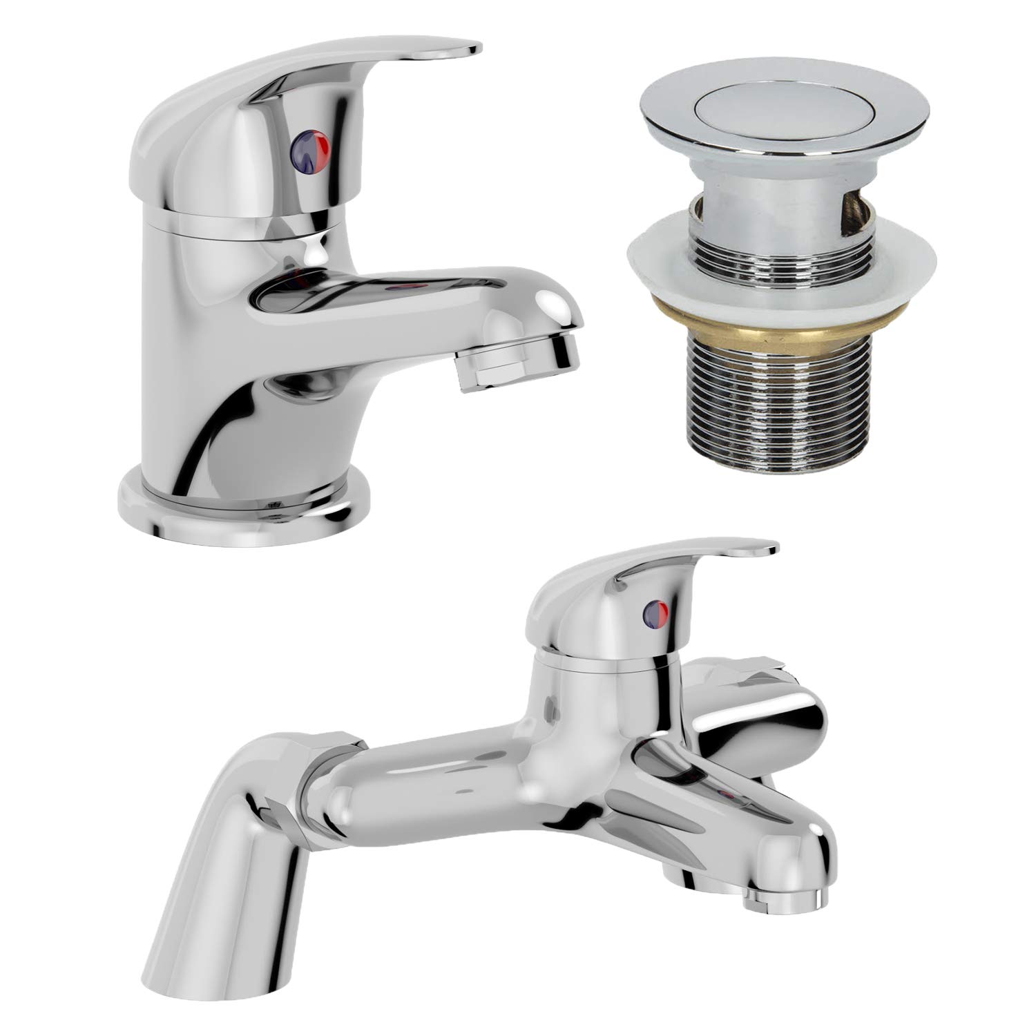 Architeckt® Essentials Bathroom Bath Filler Mixer Tap and Basin Tap with Waste Set Deck Mounted Round Twin Lever Handle Modern, Chrome