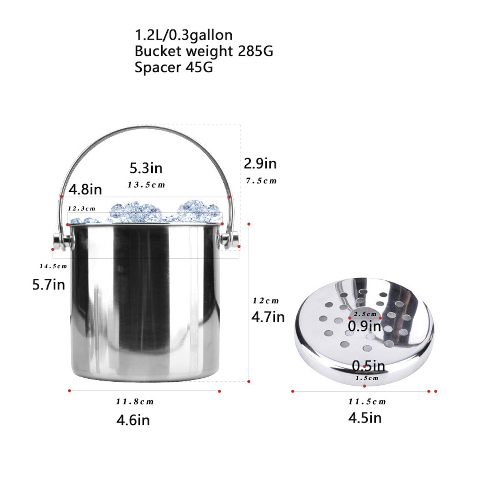 Wiaderko na lód ze stali nierdzewnej z uchwytem dwuwarstwowy z przegrodą na lód wiaderko na lód akcesoria Whisky Barware kuchnia (1,2 l/0,3 galona)