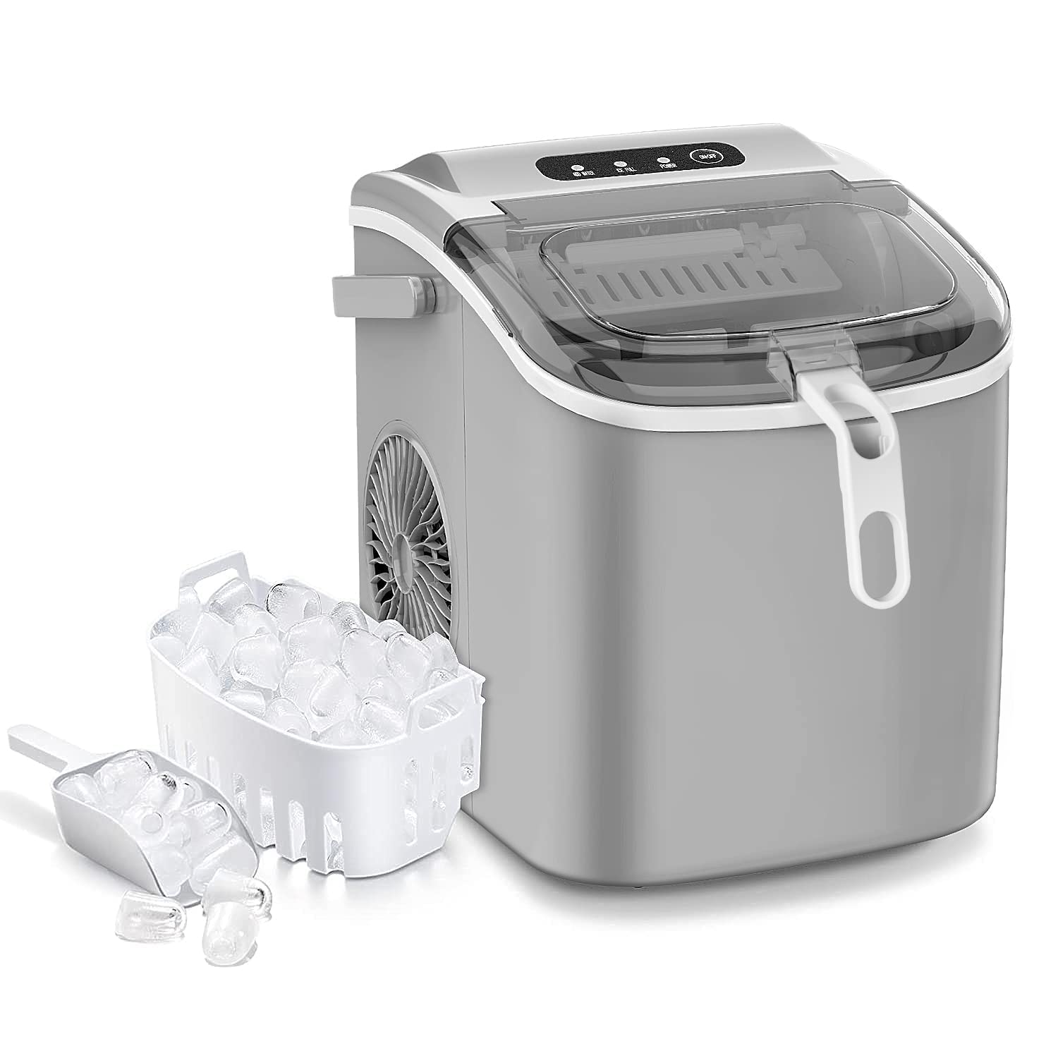Ice Maker Countertop with Handle,9 Bullet Ice Cubes Ready in 6 Mins,26Lbs/24H, Self-Cleaning Portable Ice Machine with Basket and Scoop, for Home/Kitchen, Gray