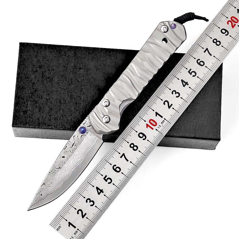 Klappmesser 6.6" Damast Taschenmesser aus Titan Robust & Damaszener Damaststahl Premium, Kleines edc messer scharfes einhandmesser, Damaskus Geschmiedet Stahl Messer Outdoor Edc Survival Jagdmesser