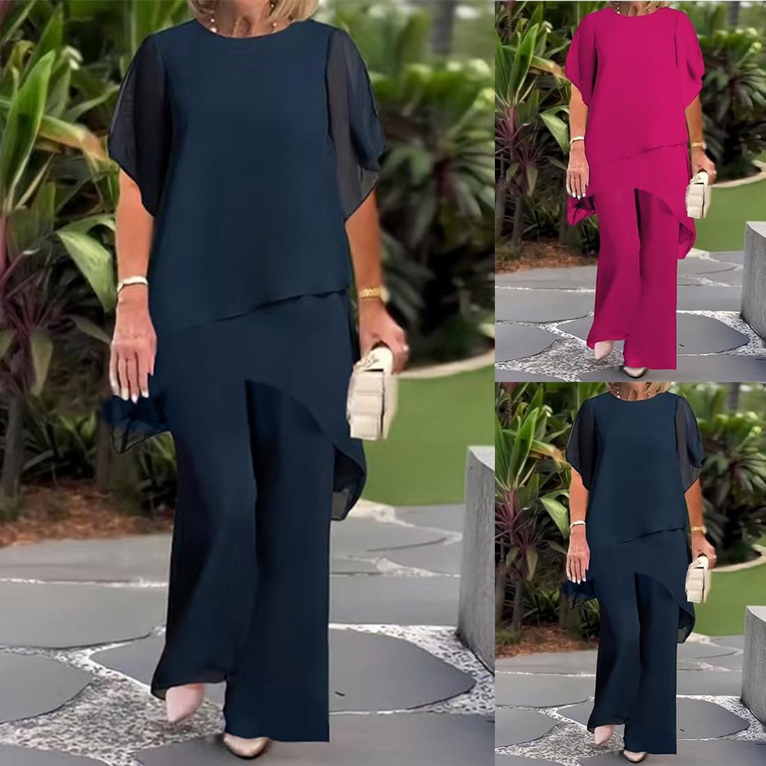 shownicer Hosenanzug Damen Elegant Tüll Abendanzug Zweiteiler Chiffon Shirt Und Hose 2-Teiliges Set Große Größen Outfit Hochzeit Cocktail Party Festlich