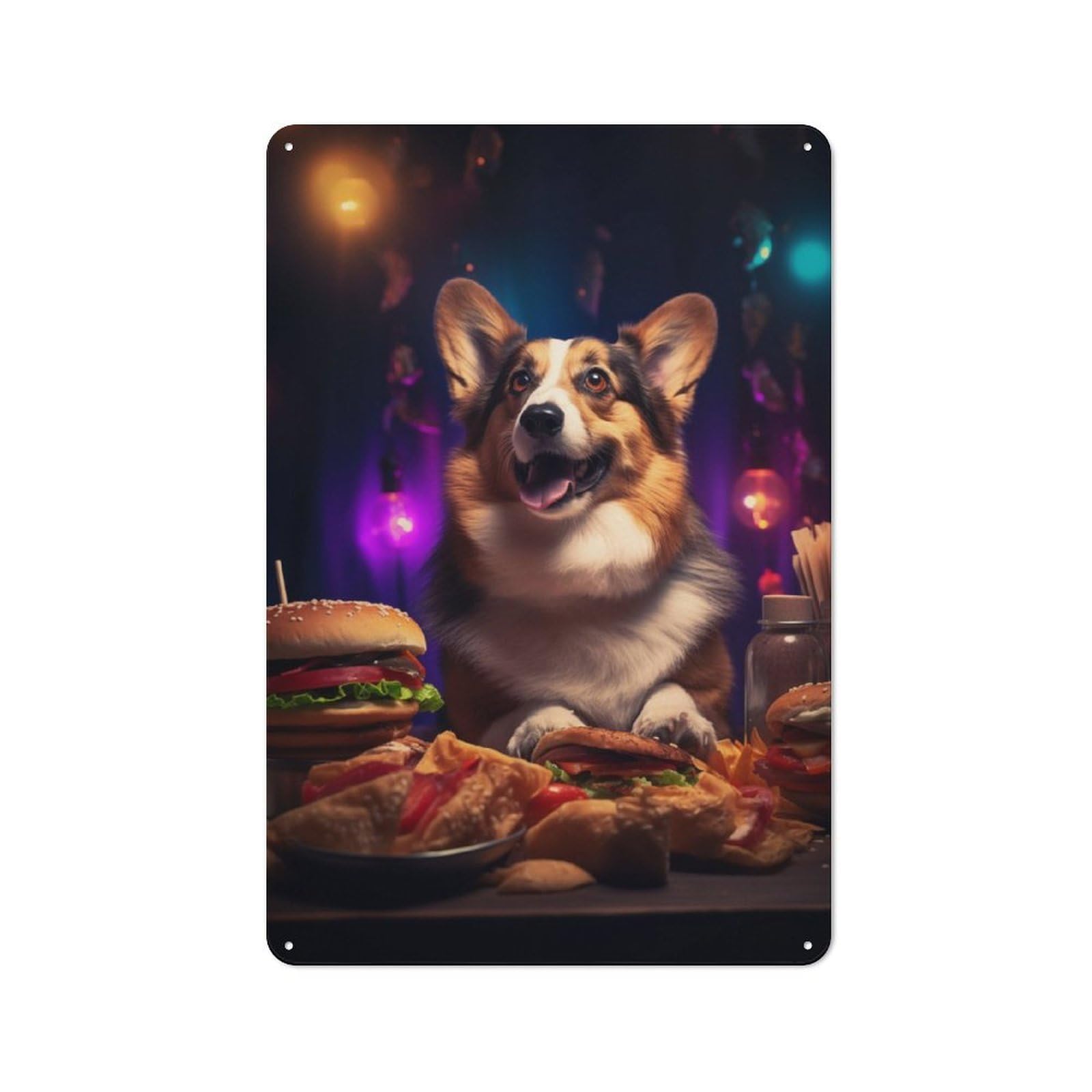 Junmoney Welsh Corgi Burger Party Vintage Tin Sign 30X20cm With For Garage Wall, For Kitchen And Home Bar Decor, For Living Room And Hallway Decor