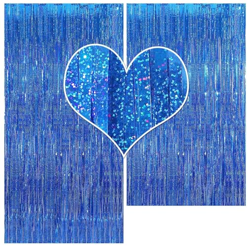 Image of CYLMFC Foil Fringe Curtain - 2 Packs 3ftx8ft Metallic Curtain Backdrop for Birthday Party Decorations Photo Booth Backdrop Christmas Halloween - Deep Blue