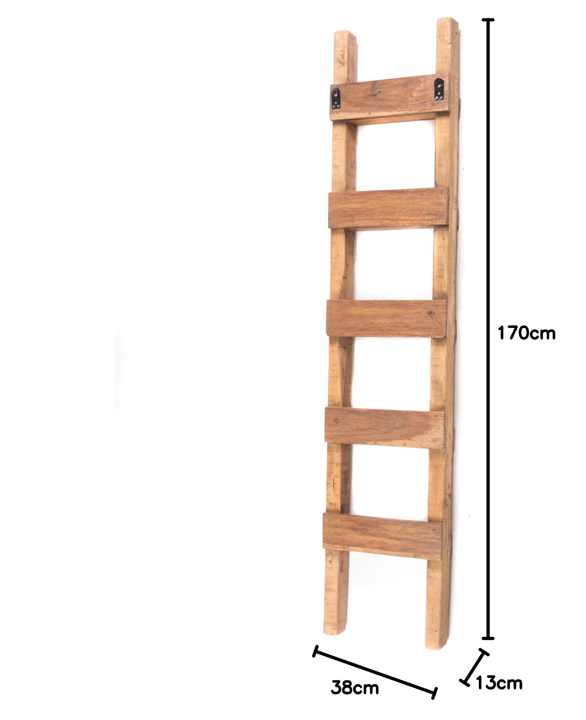 DESIGN DELIGHTS Regał drabinkowy Step 170 | drewno mahoń, drewno tekowe, 170 x 35 cm, 5 półek | drabinka na rośliny, regał dostawiany, regał stojący, drewno dryfujące, drabina dekoracyjna
