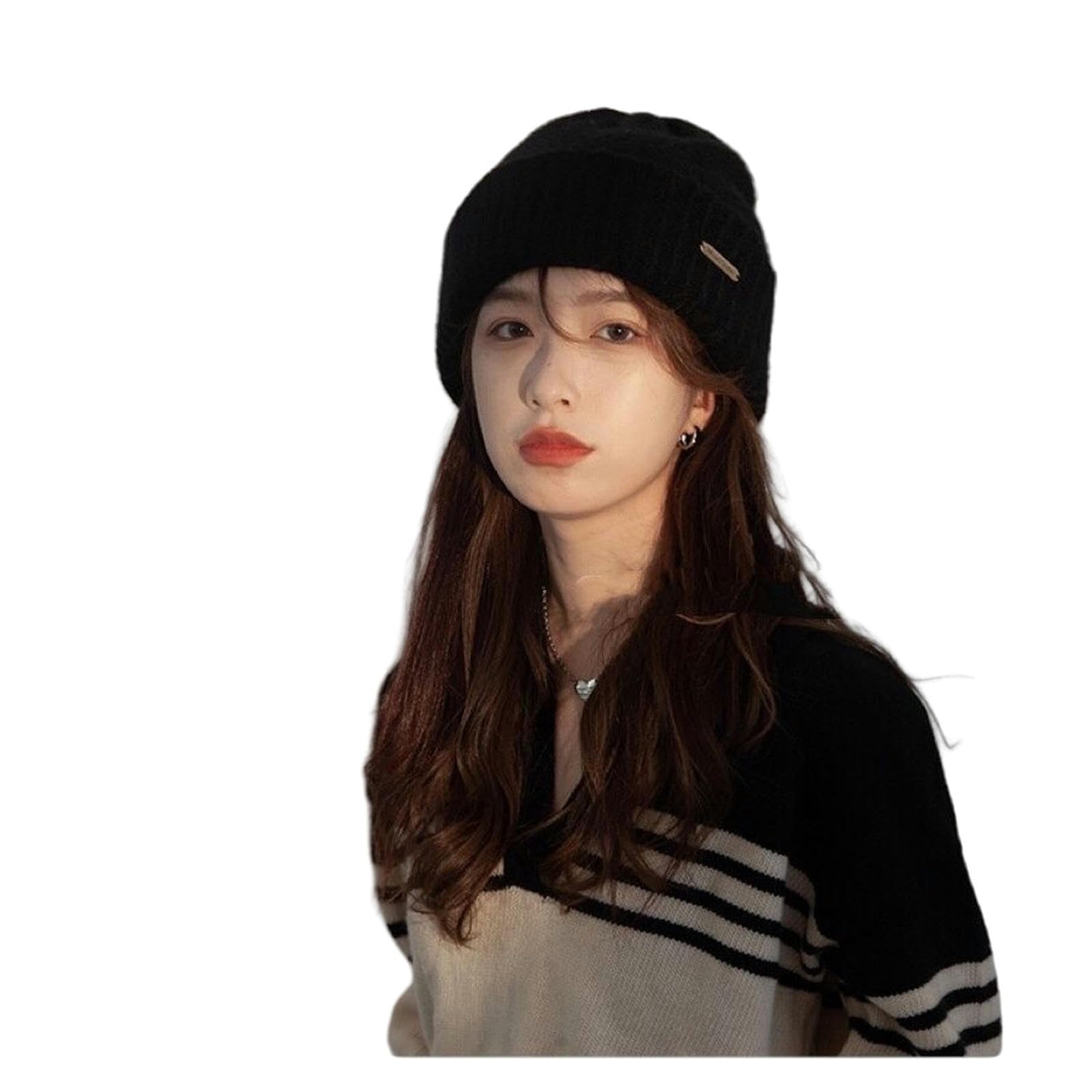Bonnet femme chaud en laine tricotée grand tour de tête pour l'hiver noir