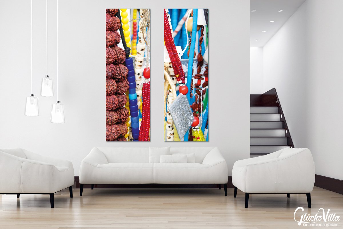 Glücksvilla - Ketten 4 (Leinwand-Bild 5 cm, 60 x 20 cm) | div. Maße - aus DE - Kunstdruck XXL Deko Wandbild quer - Schmuck Kunst Afrika Perlen bunt Silber Trödel
