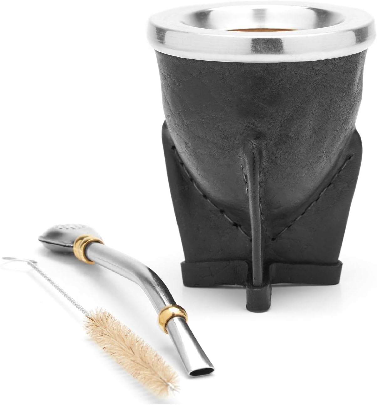 [NEW] Leather Wrapped Handmade Yerba Mate Gourd (Mate cup) with Bombilla (Yerba Mate straw) BLACK