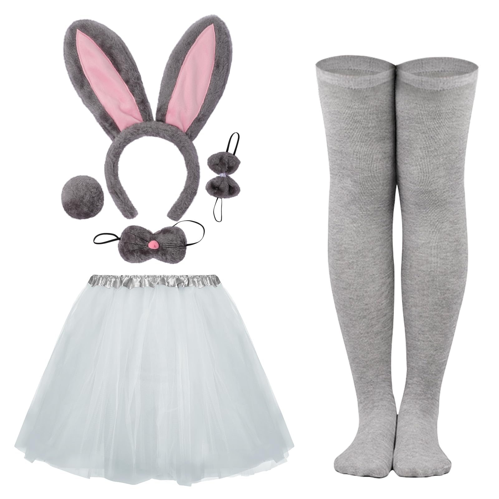 CHUANGLI 6 PCS Women Bunny Costume Set Included Rabbit Ears Headband Nose Bowtie Tail Tutu Skirt and Stocking for Halloween Easter Party Cosplay Dress Up