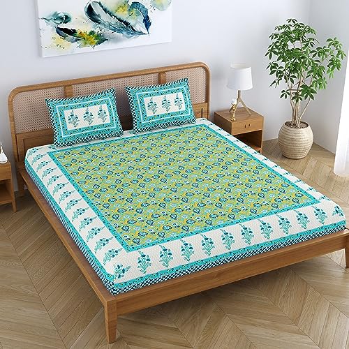 Image of Cotton Blend Traditional Jaipuri Floral Printed Premium Bedsheet for Double Bed King Size with 2 Pillow Covers - Light Blue | Proudly Made in India