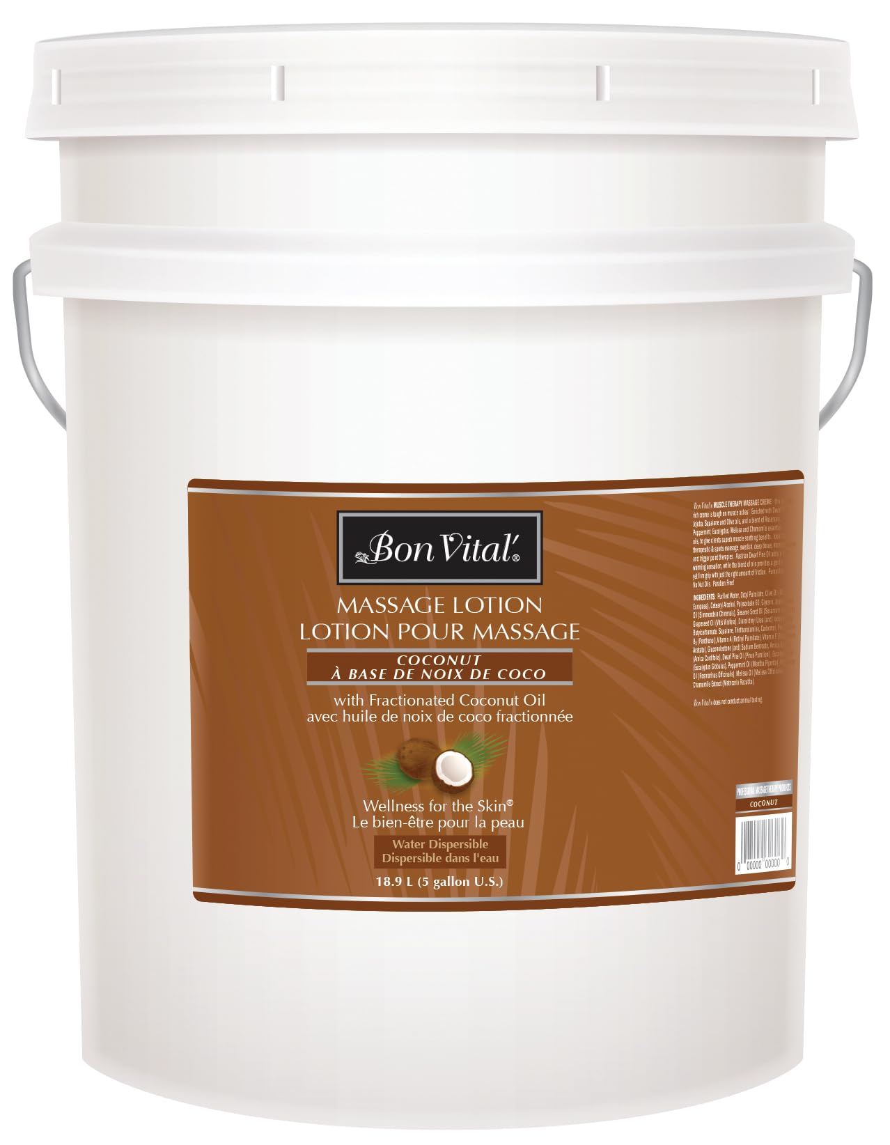 Bon Vital' Coconut Massage Lotion, 5 Gallon, Lightweight Formula with Pure Fractionated Coconut Oil, Professional Therapy Lotion, Hydrating and