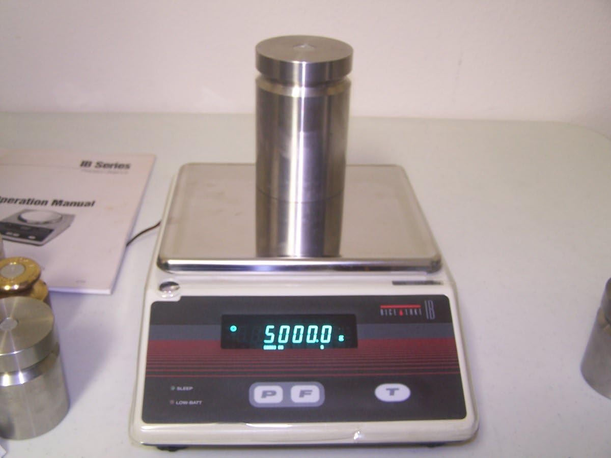 Balança Rice Lake IB-15KL que mostra 5000.0 grams amb un únic pes de calibratge al plat.
