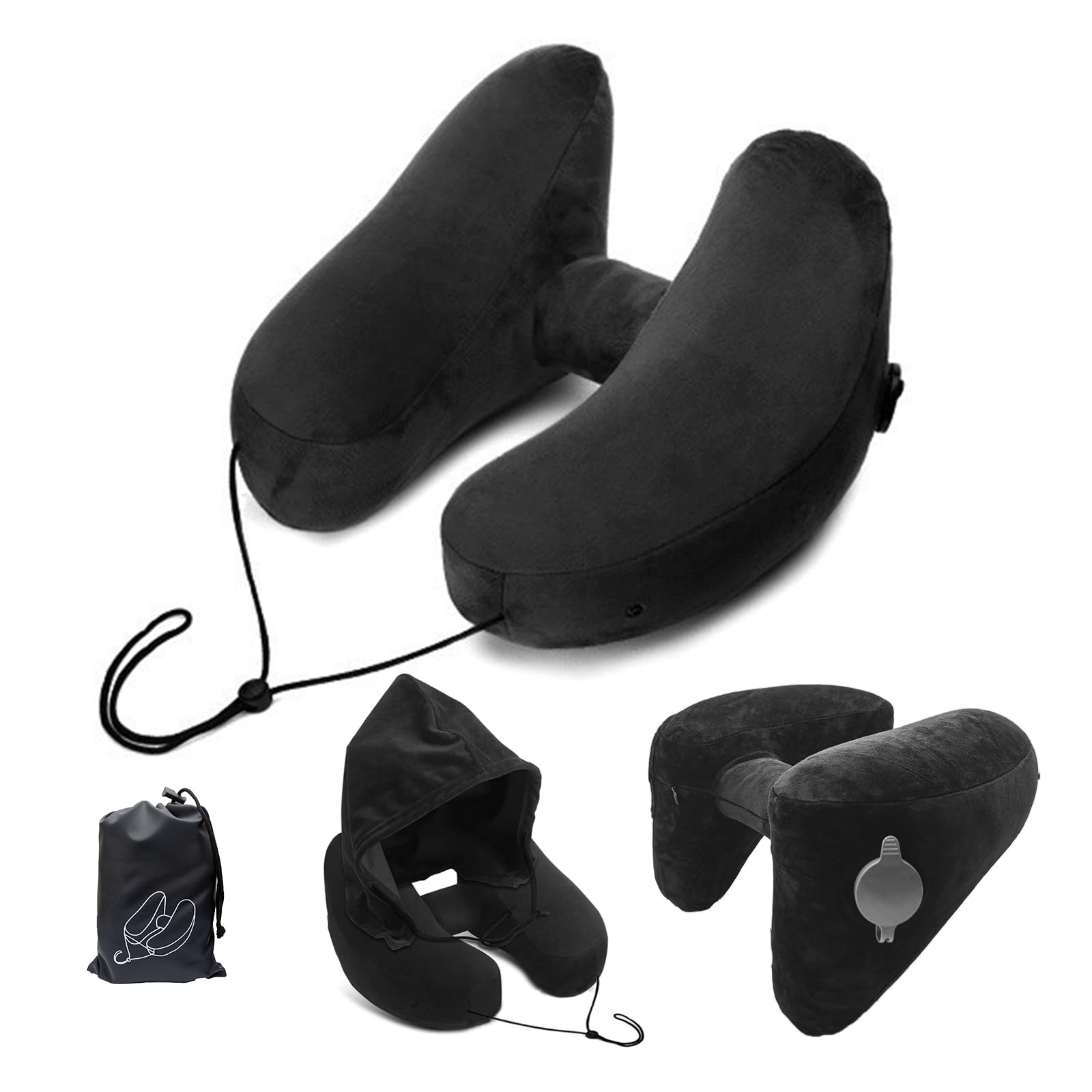 H-Shaped Travel Pillow with Snap-On Hood – Ergonomic Neck Support with Plush Velvet Cover, Instant Inflation & Compact Bag – for Airplane, Car, Office