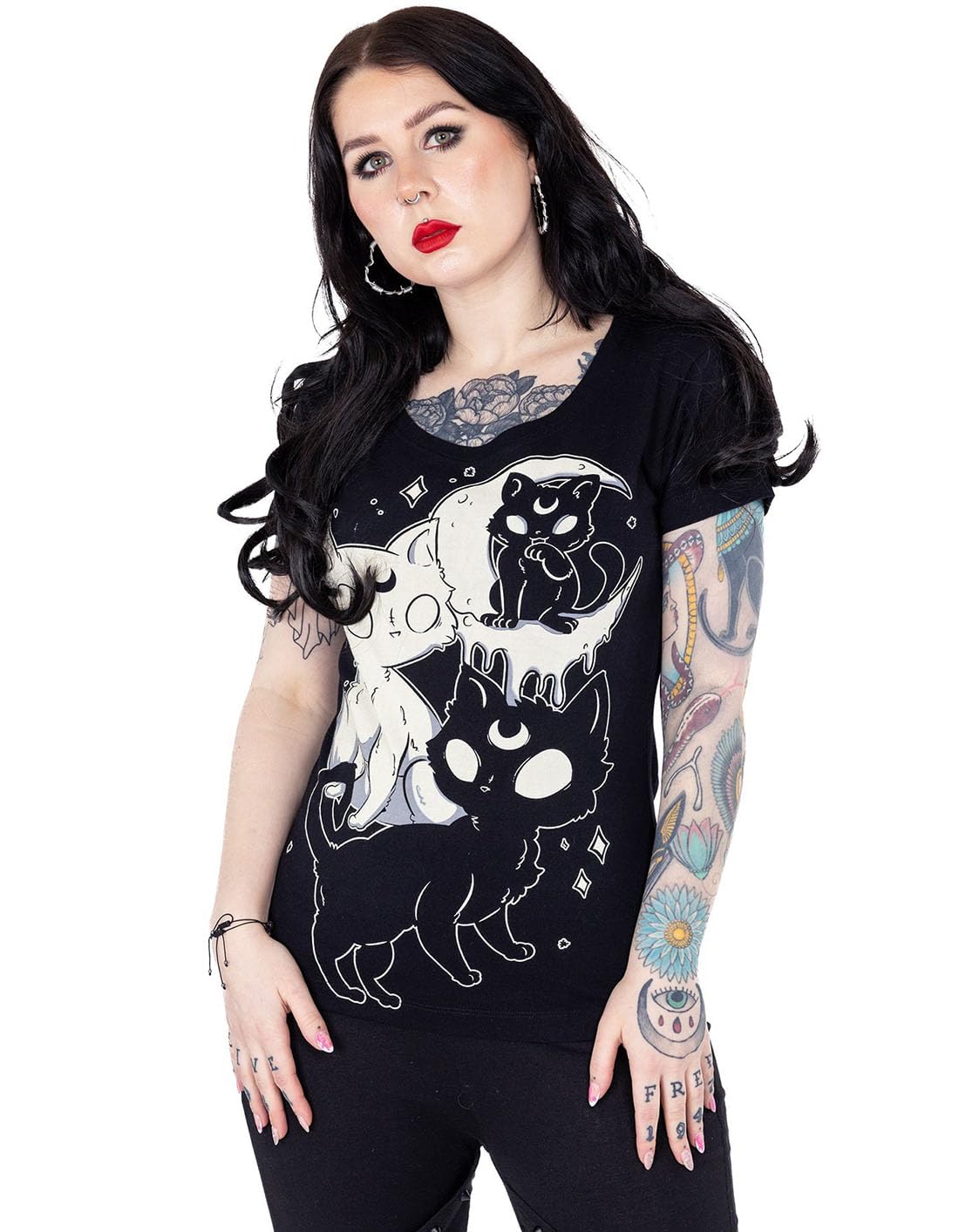 Cupcake Cult Women's Black Goth T-Shirt Midnight Kitty Punk Anime Cartoon Cat Cotton Top, S