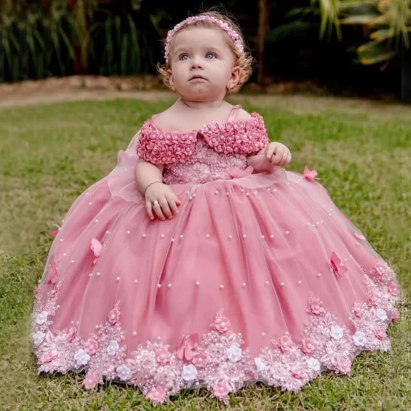 Flower Girl Dress Floral Appliques Pearls Butterfly Flowers Short Sleeve for Wedding Birthday Party Banquet Princess Holy Communion Gowns4