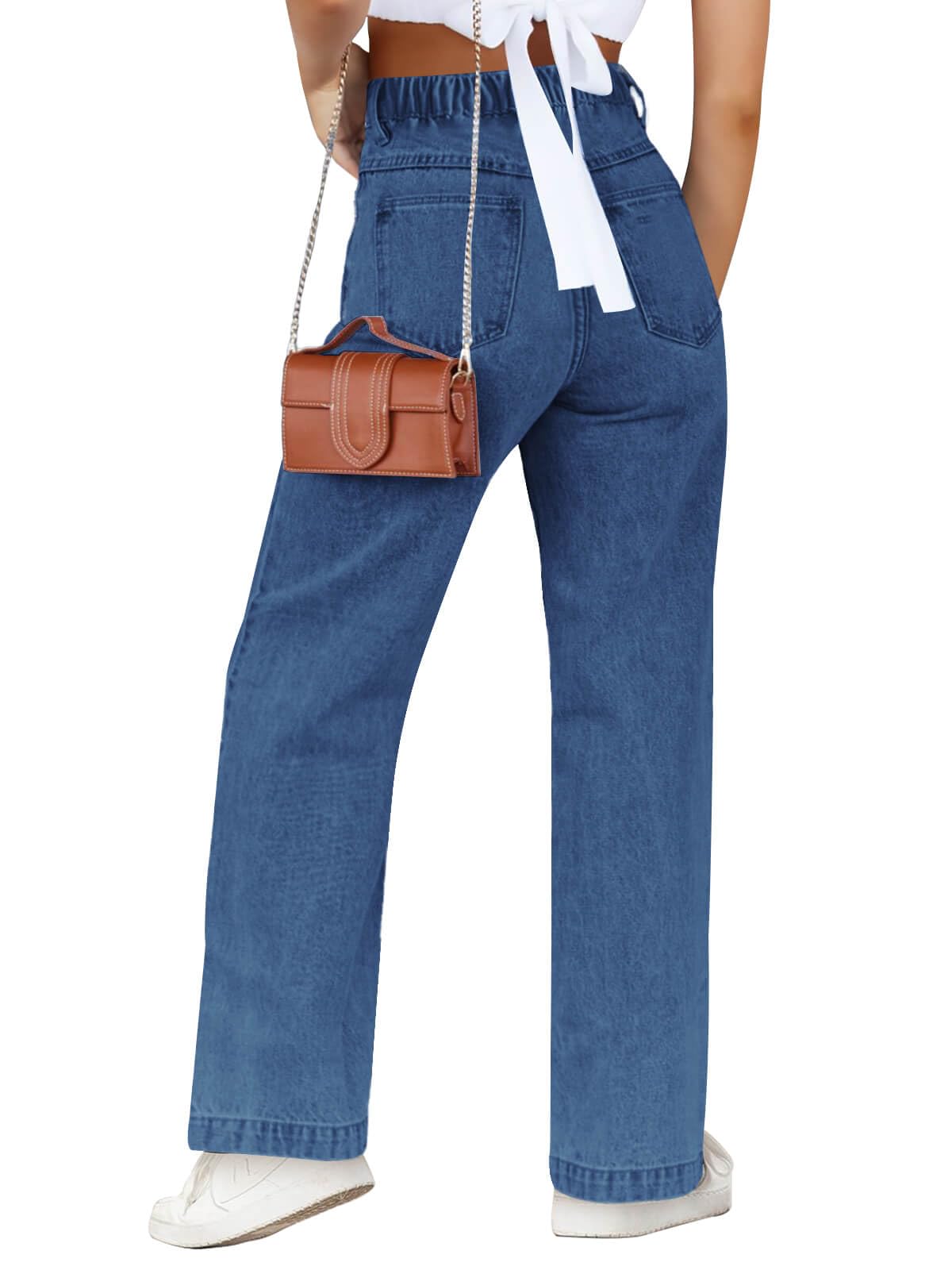 Haloumoning Jeans de cintura elástica para niña, pierna recta, pantalones largos elásticos casuales con bolsillos, 5-14 años