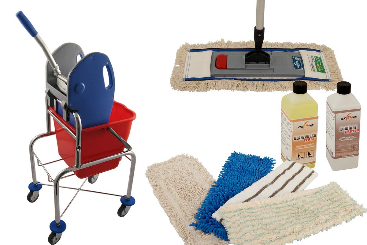 Carro de Limpieza Profesional 17L, Mopa 40 cm y Kit de Suelos | Kit de 10 piezas con cubeta, prensa, 5 mopas de repuesto y limpiadores concentrados para parqué, baldosas y PVC.