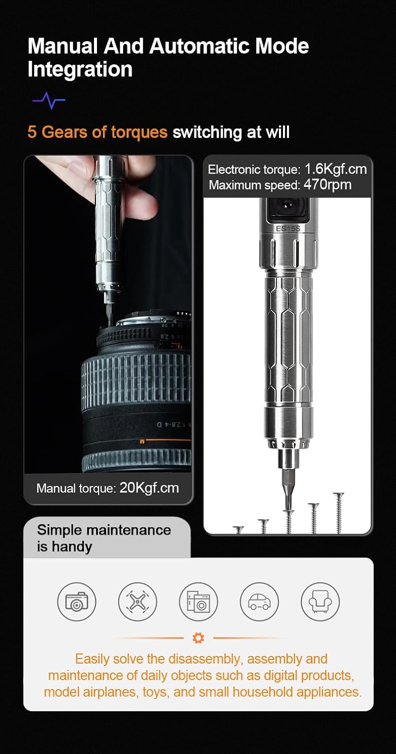 Charmgle Original ES15S Mini Electric Screwdriver Precision Cordless Screwdriver Set with 24 Hexagon Bits Smart Motion Control Hand Power Repair Tools for PC Phone Watch
