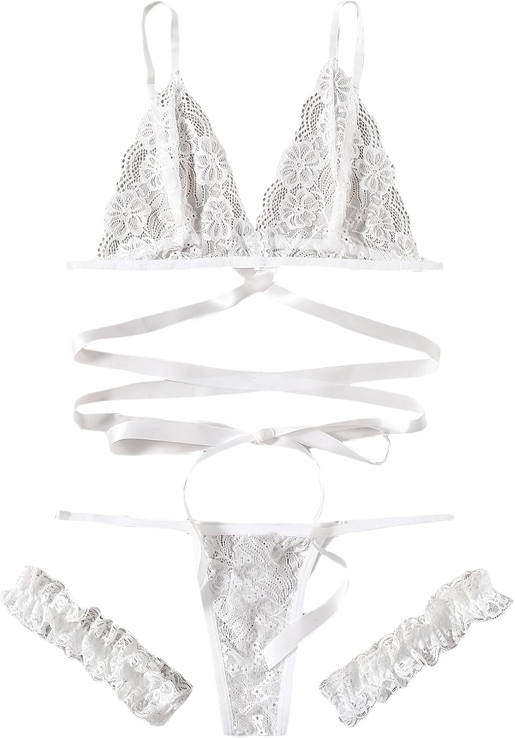 WDIRARA Women's 3 Pieces Mesh Floral Lace Scalloped Trim Garter Lingerie Set: Clothing, Shoes & Jewelry