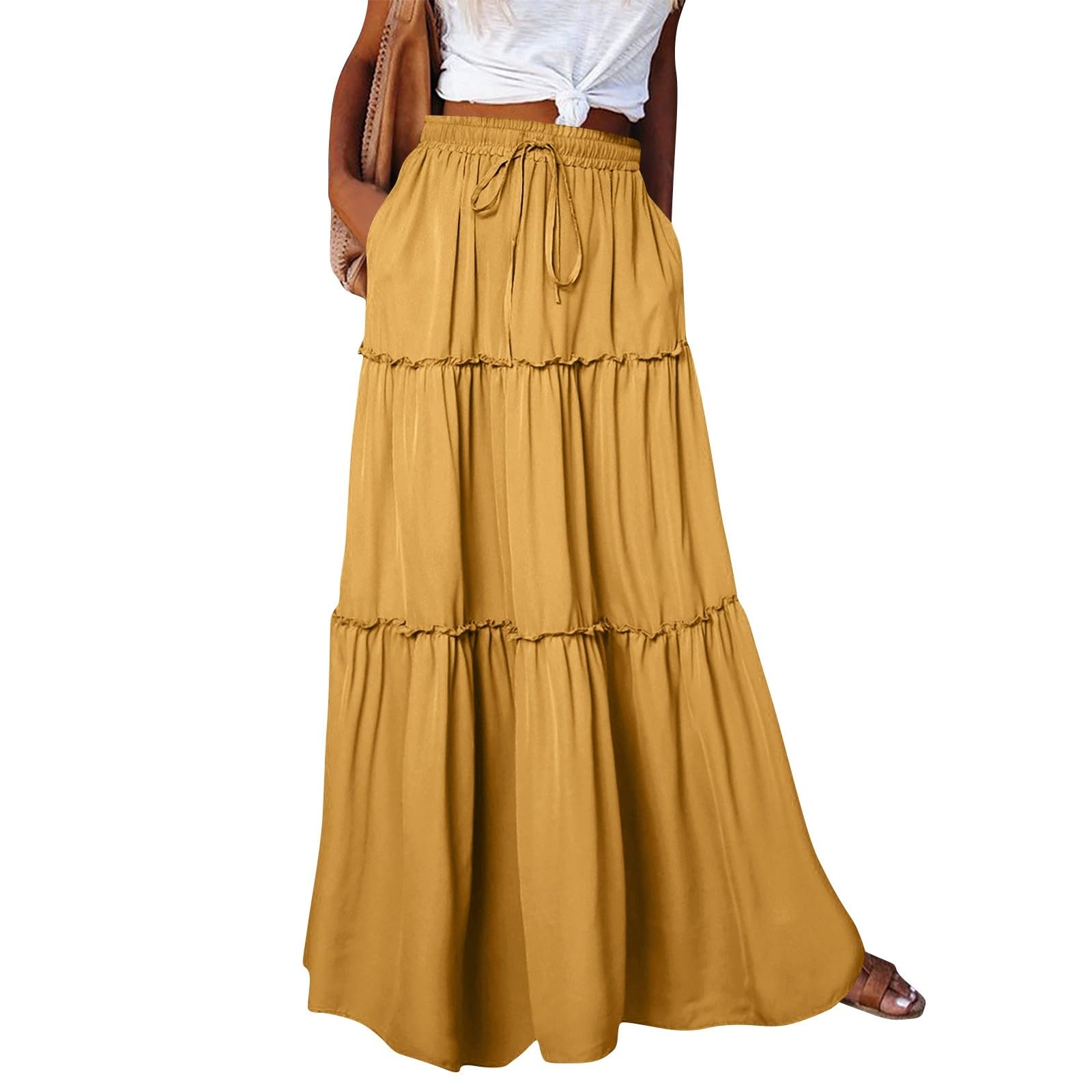 Floral Maxi Skirt for Women Summer 2025 Trendy Boho Elastic High Waisted Skirts A-Line Flowy Long Tiered Maxi