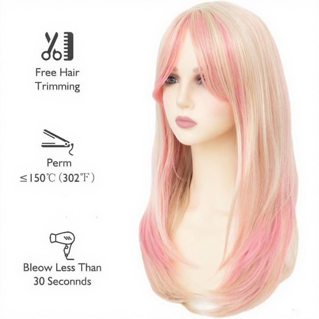 Salaibs Pink and Blonde Straight Long Wigs for Women Pink Middle Part Synthetic Fiber Hair Wig for Cosplay Costume Halloween Party Use - Image 3