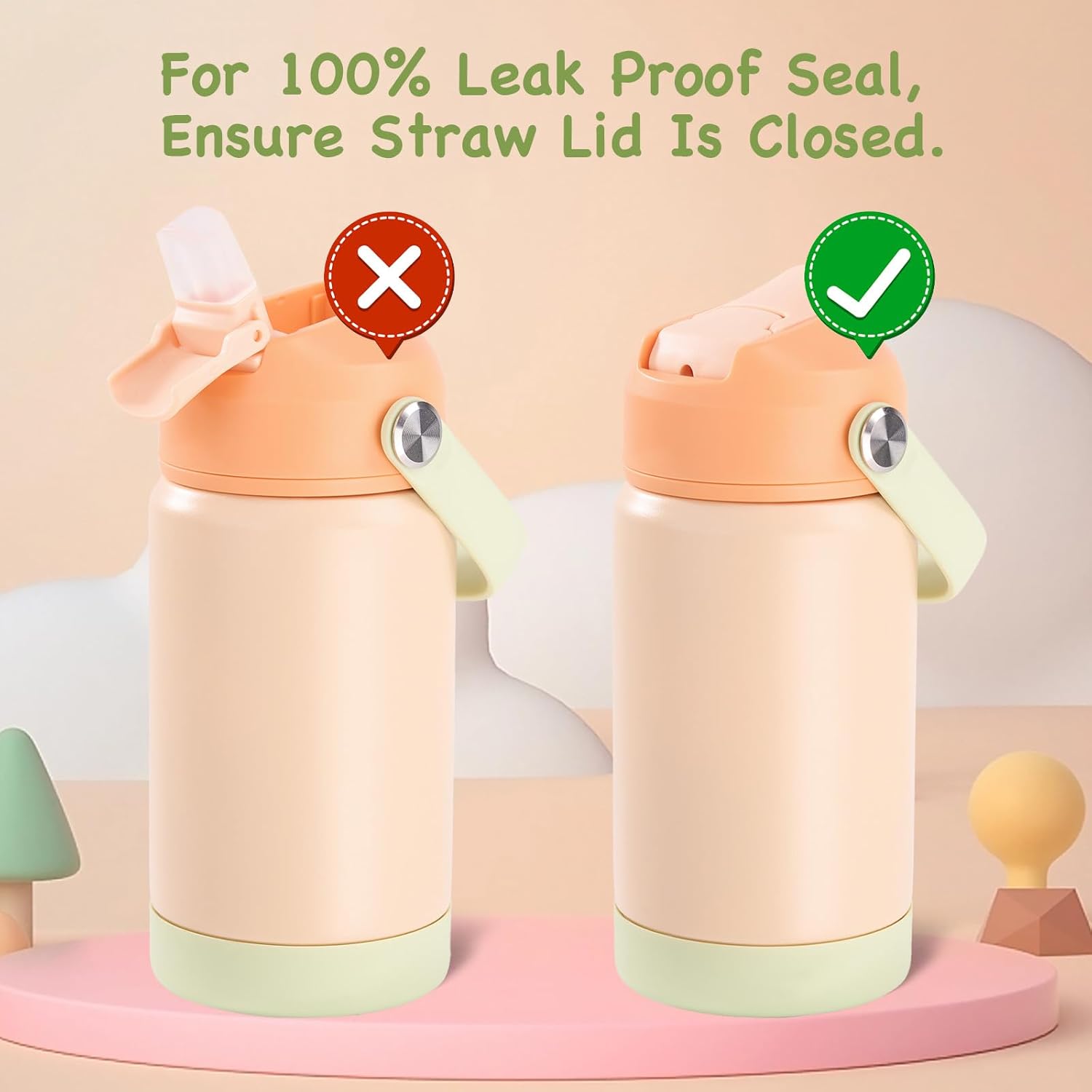 Kerilyn 12oz Kids Water Bottle 2 Pack, Stainless Steel Insulated Water Bottle Bulk, Toddler Cups with Straws Leak-Proof, Kids Water Bottles for School Boys Girls, BPA Free, Cantaloupe + Yellow