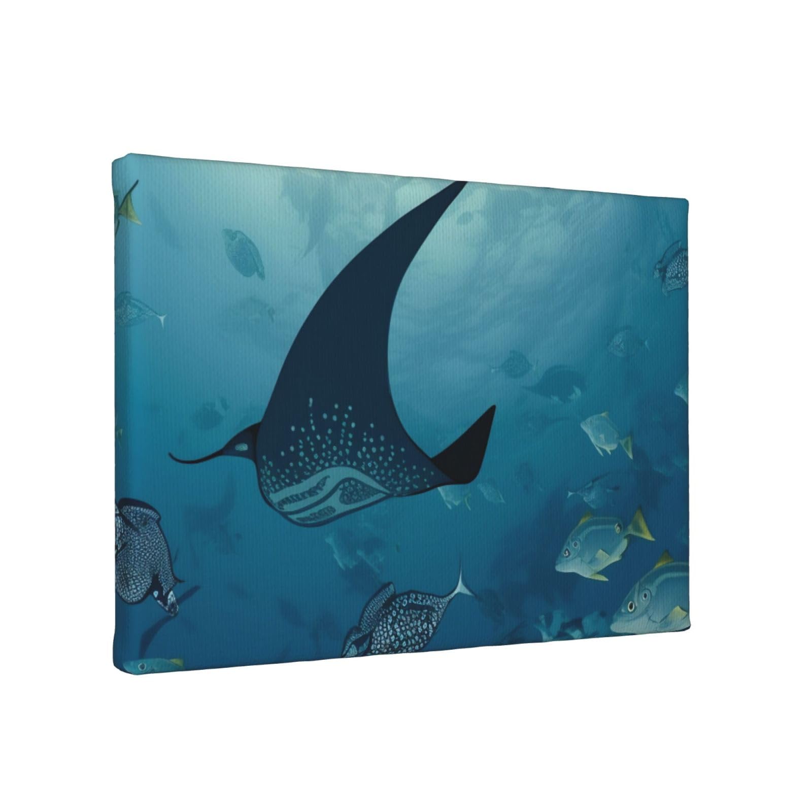 YKLJG Manta Ray and Fish Printed Wall Art Canvas Painting 30x20 CM Wooden Framed Picture Painting Artwork Prints for Bedroom Kitchen Home Office Decor