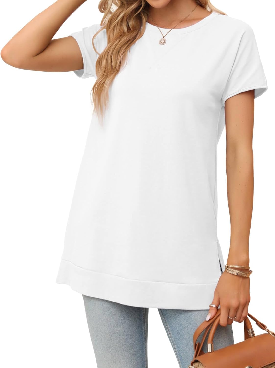 Women's Round Neck Solid Color T-Shirt Side Slit Casual Short-Sleeved Summer Sports Tunic Top - Image 5