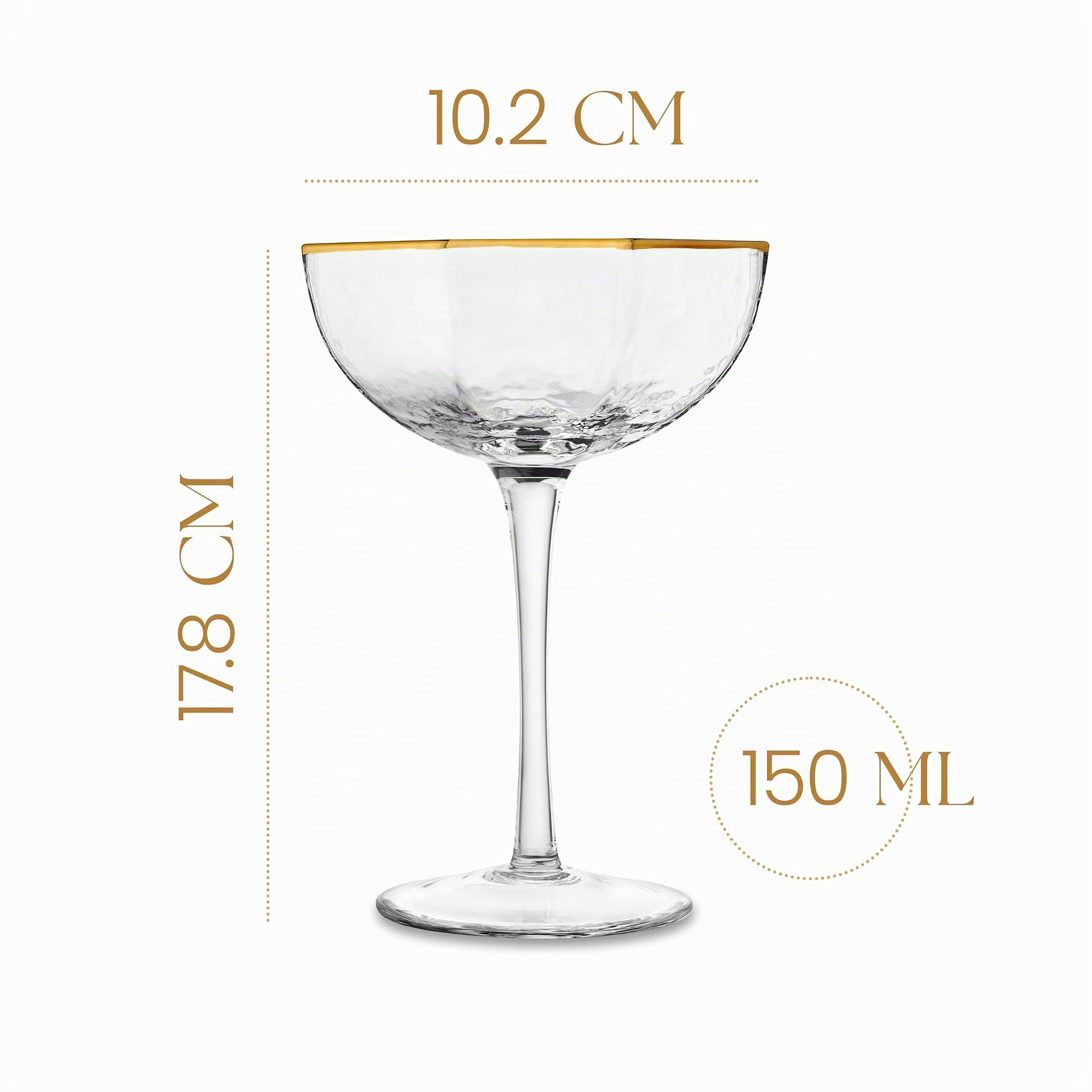 Petits Coupes à Cocktail Prestige avec Bords Dorés | 150 ml | Lot de 4 | Verres à Pied Longs Octogonaux en Cristal pour Champagne, Espresso Martini, Daiquiri, Gimlet, Cosmopolitan