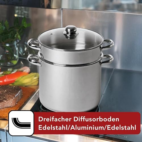 BAUMALU - Combiné Traiteur Couscoussier Forme Droite - Acier INOX - Couvercle Verre - Tous Feux Dont Induction - Triple Fond Diffuseur - Ø20cm, 5,8L - 5