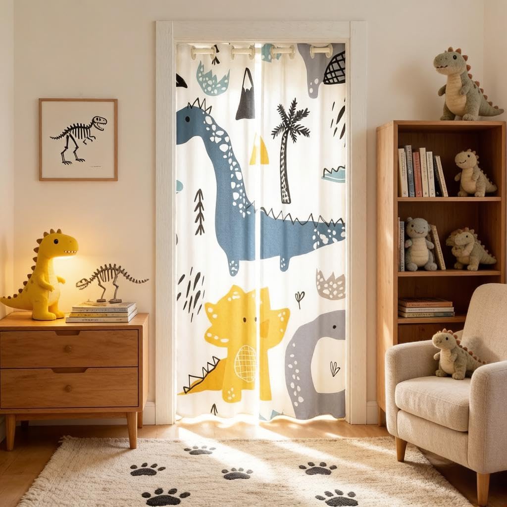 Loussiesd Dinosaur Door Curtain For Doorway Privacy 106x203cm-3D Digital Closet Cover,Jungle Dino Room Divider,Wild Animal Wildlife Blue Yellow Window Treatment — image 1