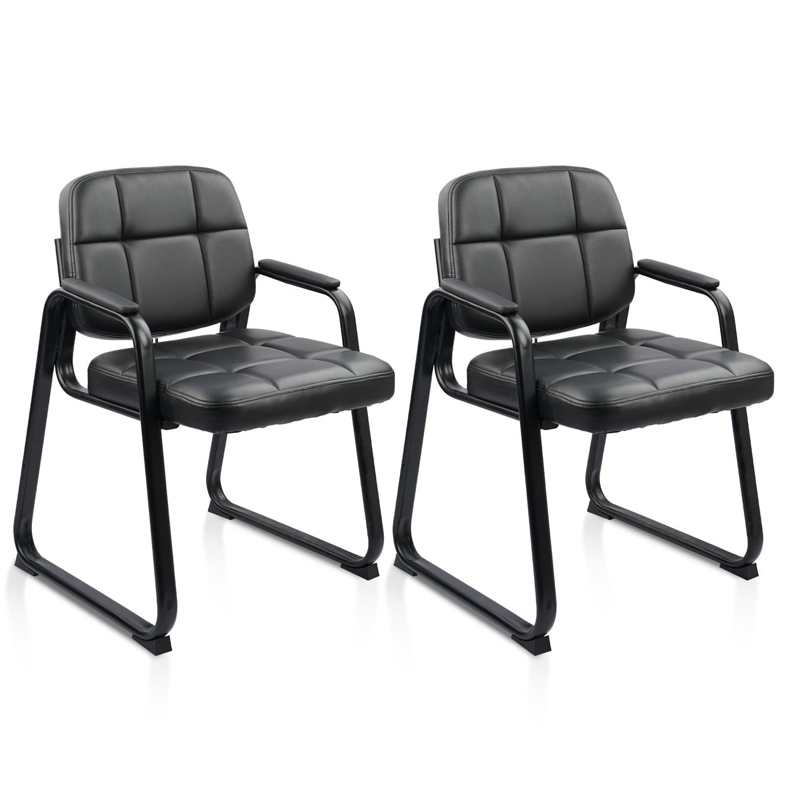 CLATINA Guest Waiting Reception Chair with Bonded Leather Thick Cushion and Padded Arm Rest, Sled Base Stationary Desk Chairs for Office Conference Meeting Lobby Hall Side Break Room, Black, 2 Pack