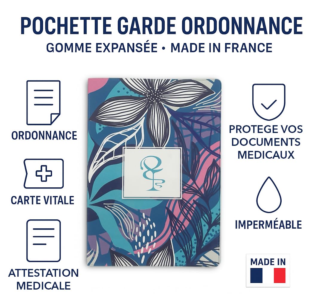 Custodia Porta Ricette Mediche in Gomma Espansa Made in France - Porta Documenti Sanitari per Tessera Sanitaria - Modello Fiori Blu e Rosa