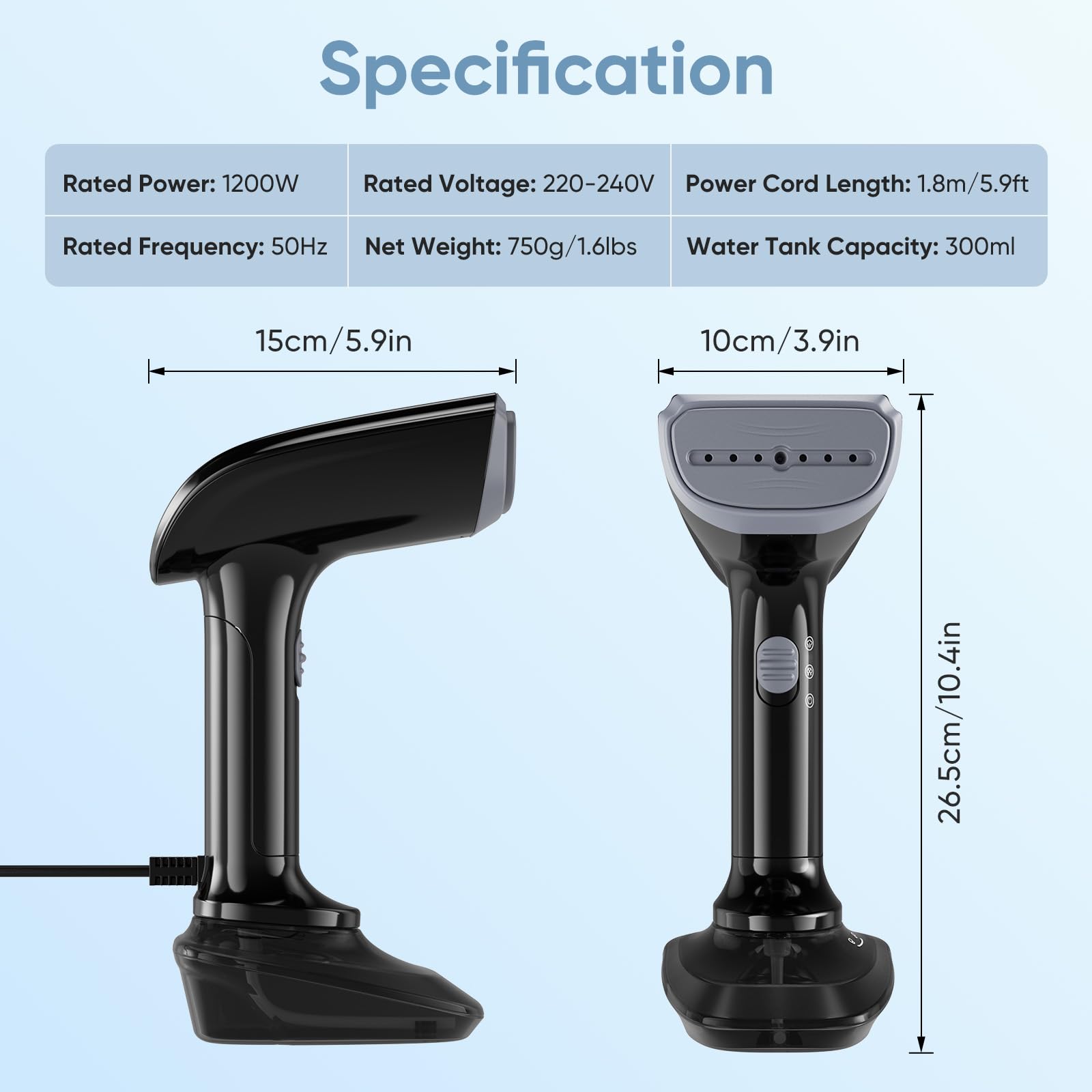 Lisseur à vapeur portable, 1200 W, temps de chauffe de 30 secondes, pression de vapeur de 23 g/min, réservoir d'eau amovible de 300 ml, fer à repasser et défroisseur 2 en 1, défroisseur à main (Noir)