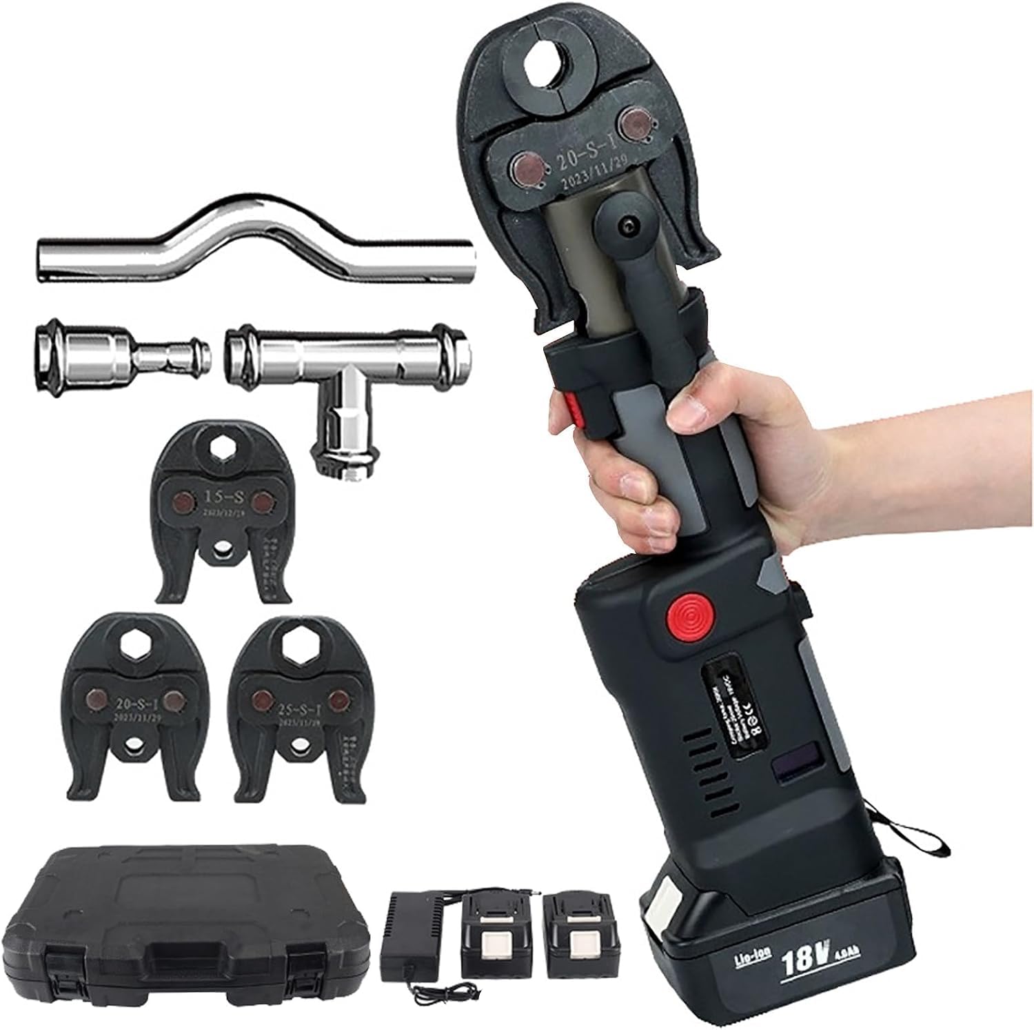 Tritacupatore Idraulico a Batteria Professionale 18V, Strumento di Stampa di 3 Secondi con Display a LED per Rame PEX Acciaio Inossidabile, Include 3 mascelle 2 batterie Caso del Caricabatterie
