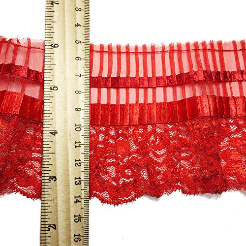 eJoyce 3-3/4\" Ruffled Pleated Chiffon with Lace Edge Trim by 2-Yards, HDL-050 (Red)