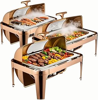 9L Rectangular Chafing Dishes for Buffet,Hinged Roll-Top Lid Stainless Steel Buffet Servers and Warmers and Food Warmer with Thick Frame for Catering Events Parties Weddings Dinners,Rose Gold