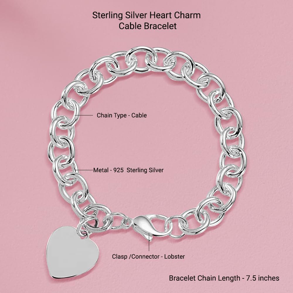 Diamond2Deal Sterling Silver Heart Charm Cable 7.5" Bracelet