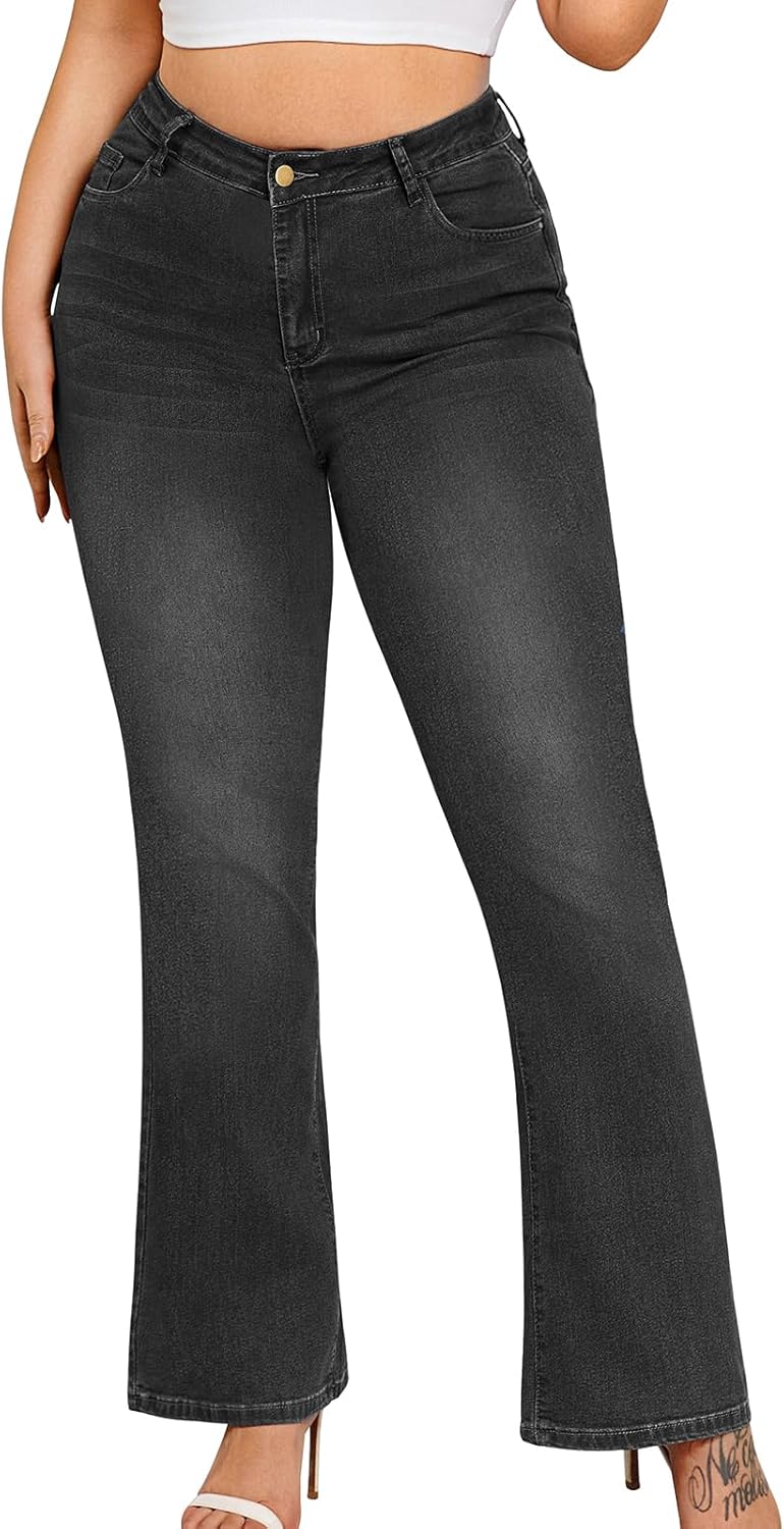 Arolina Plus Size Jeans for Women Fall Trendy High Waisted Flared Bell Bottom Bootcut Tummy Control Plus Denim Jeans
