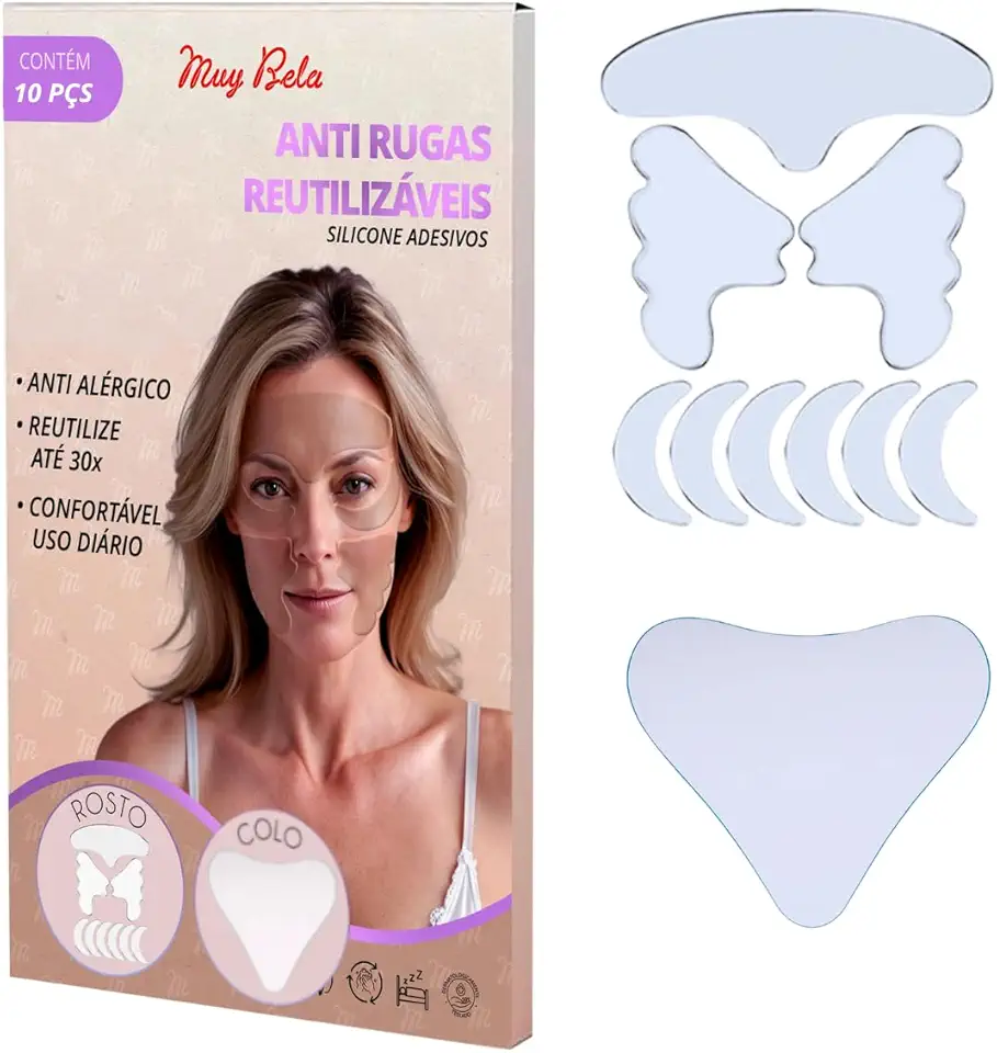 Kit 10 Adesivos de Silicone Reutilizáveis – 9 para Rosto + 1 Triângulo para Colo