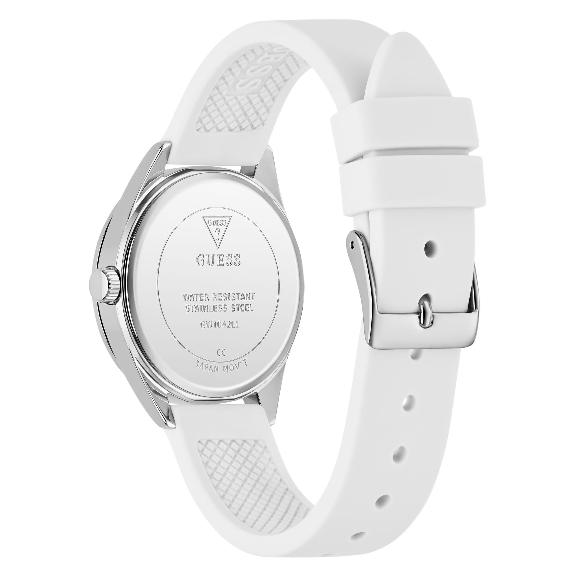 GUESS Reloj de Mujer AVA GW1042L1 Analógico, Movimiento Cuarzo, Caja Acero Inoxidable, Correa Blanca de Silicona