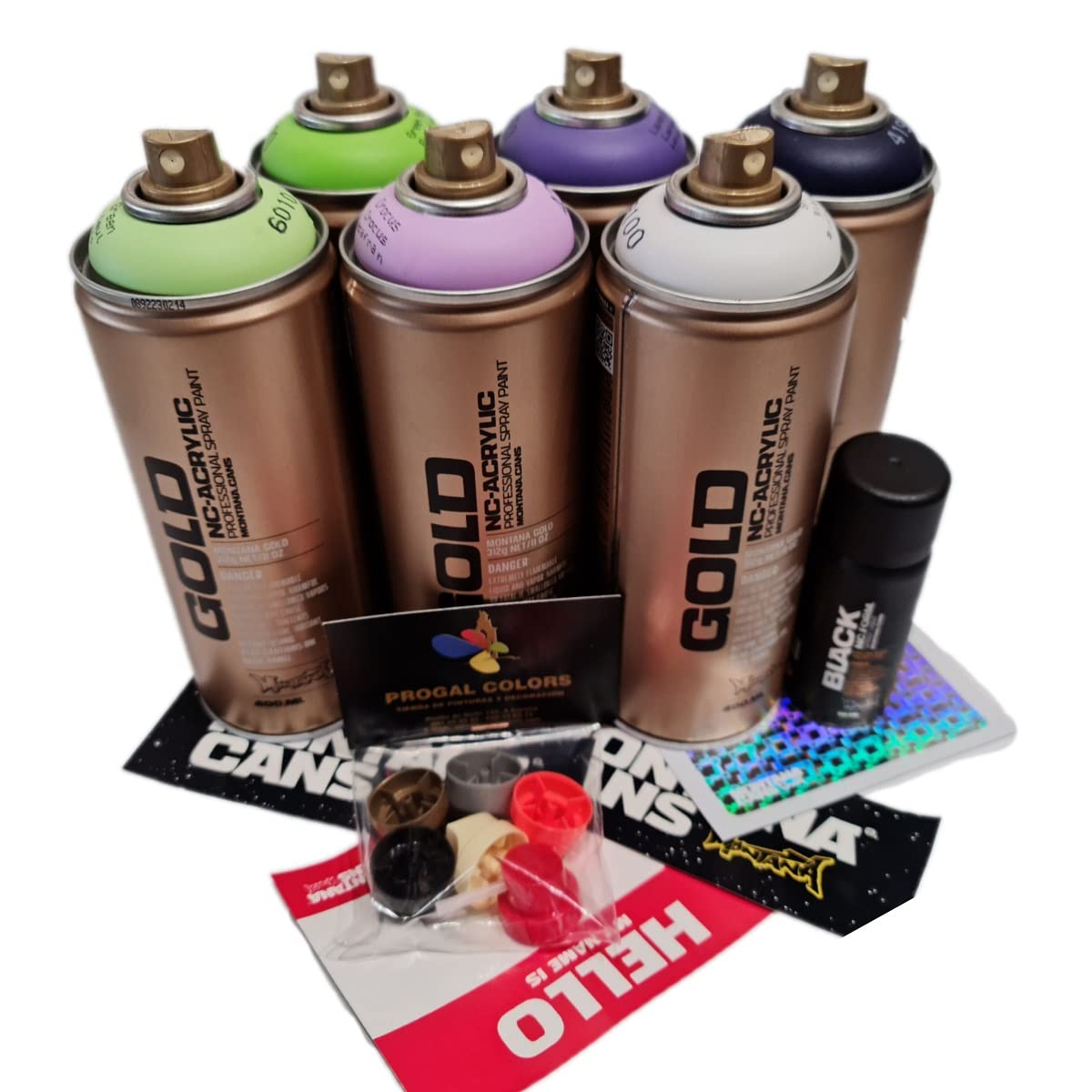 PROGAL COLORS Set Montana Cans Gold (6 x Montana Gold 400 ml + 1 x nero confezione da 50 ml + 6 ugelli di ricambio + adesivi) Finitura satinata Massima qualità Graffiti Muralismo Colori Vividi