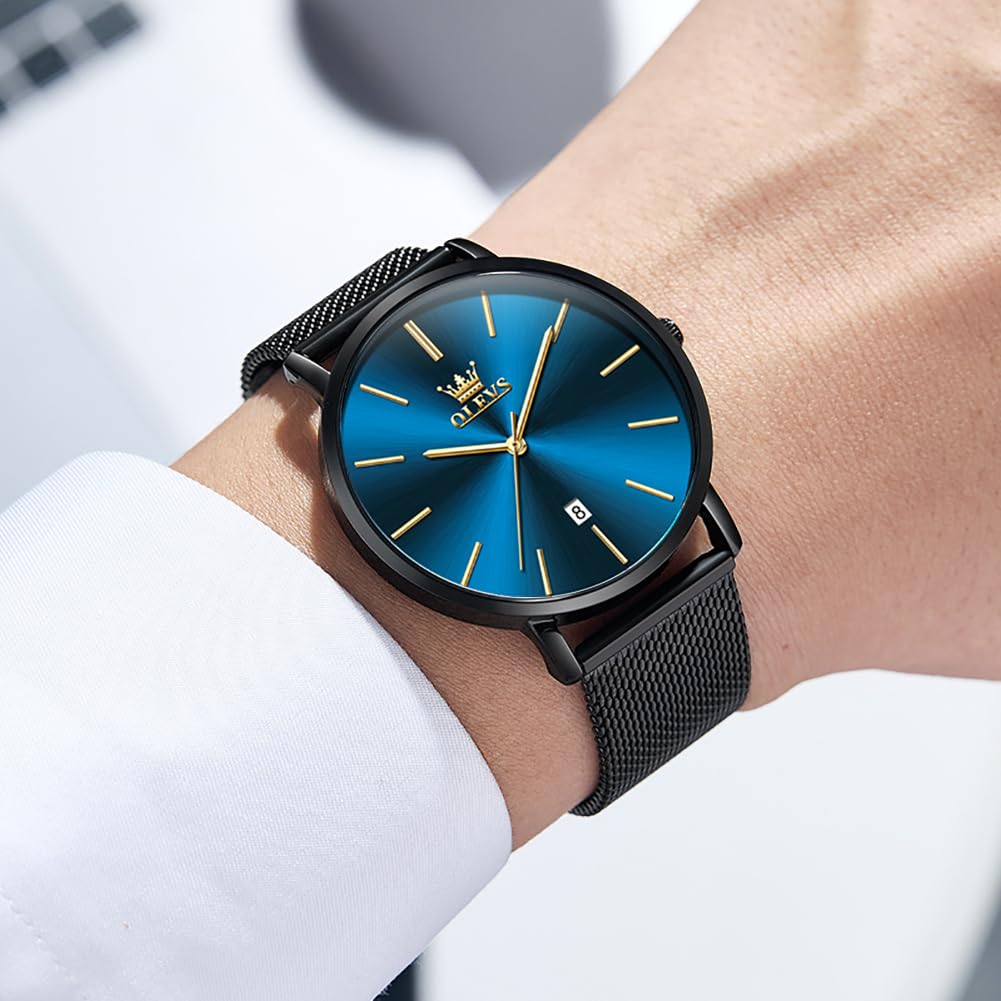OLEVS Minimalistische Herren-Armbanduhr, ultradünn, modisch, lässig, analog, Quarz, Datum, wasserdicht, schmal, einfach, großes Zifferblatt, Armbanduhr mit Retro-Lederband für Herren