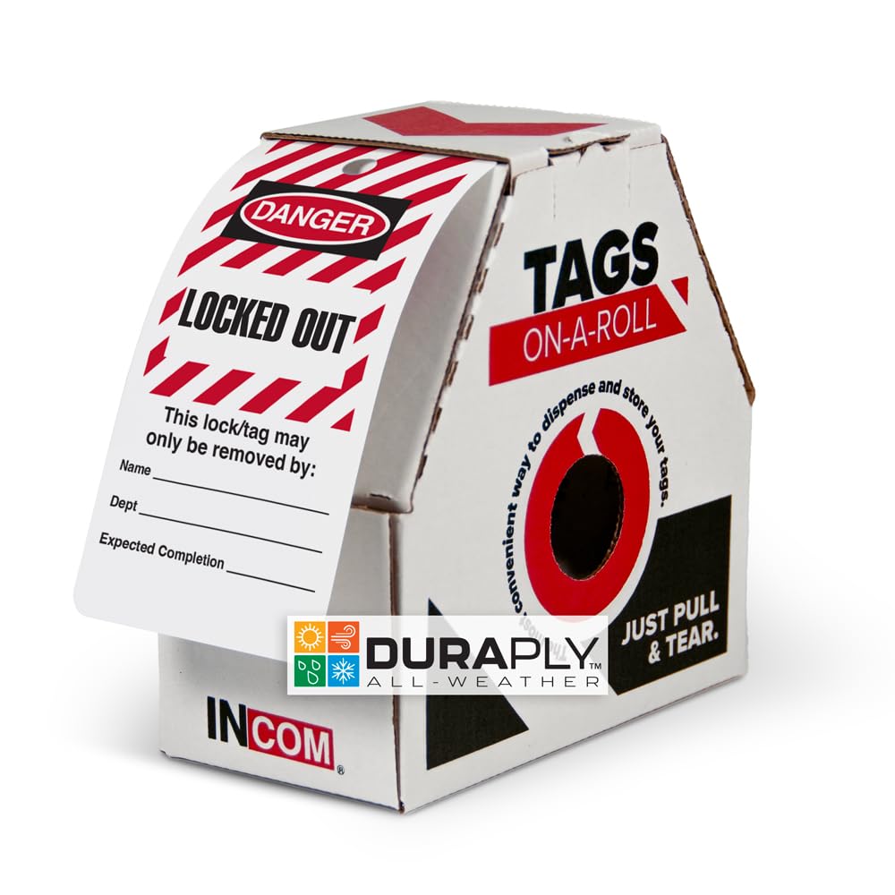 INCOM Manufacturing Lockout Tags-on-a-Roll, 6.25 Inch X 3 Inch X 10 Mil, Danger Locked Out, All-Weather DuraPly™ Stock, Waterproof and Tear-Resistant,